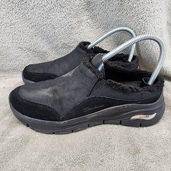 Skechers Shoes Womens 7.5 Black Leather & Textile Arch Fit Slip On Sneaker Clog - Picture 1 of 10